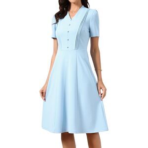 Women Midi Dress Short Sleeve V Neck A-Line Business Casual Dress Sky Blue